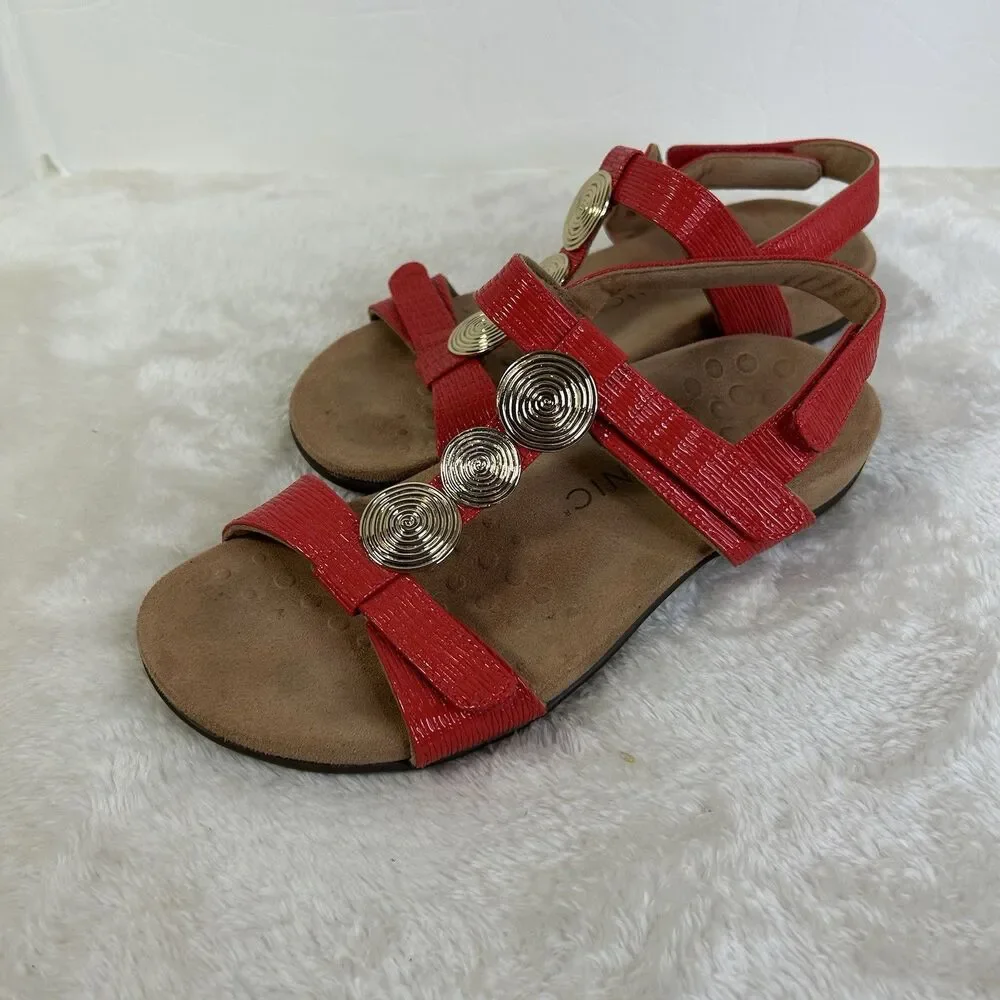 Vionic Farra II Sandal Womens Size 7.5 Red Leather Gold Medallions